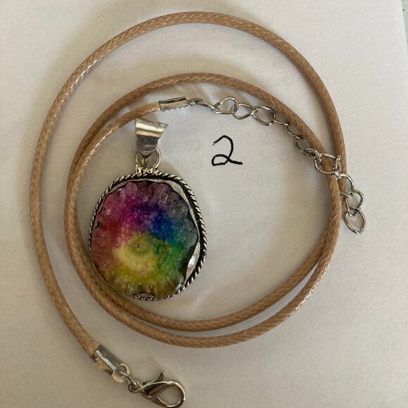 Solar Quartz Druzy With Brown Cord, A solar quartz druzy is a dyed slice of a st - Picture 2 of 2